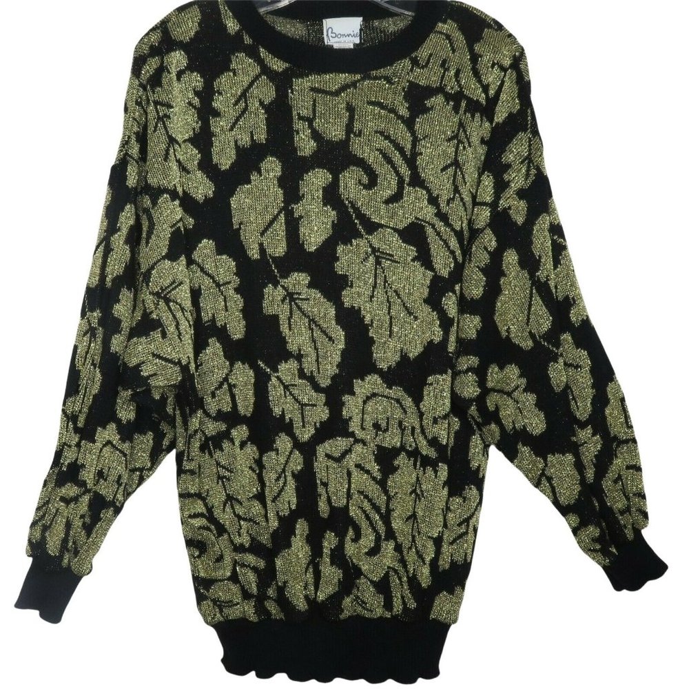 Vintage 80s Mod Hip Gold Metallic Leaf Pullover Sweater Long Sleeve Acrylic USA